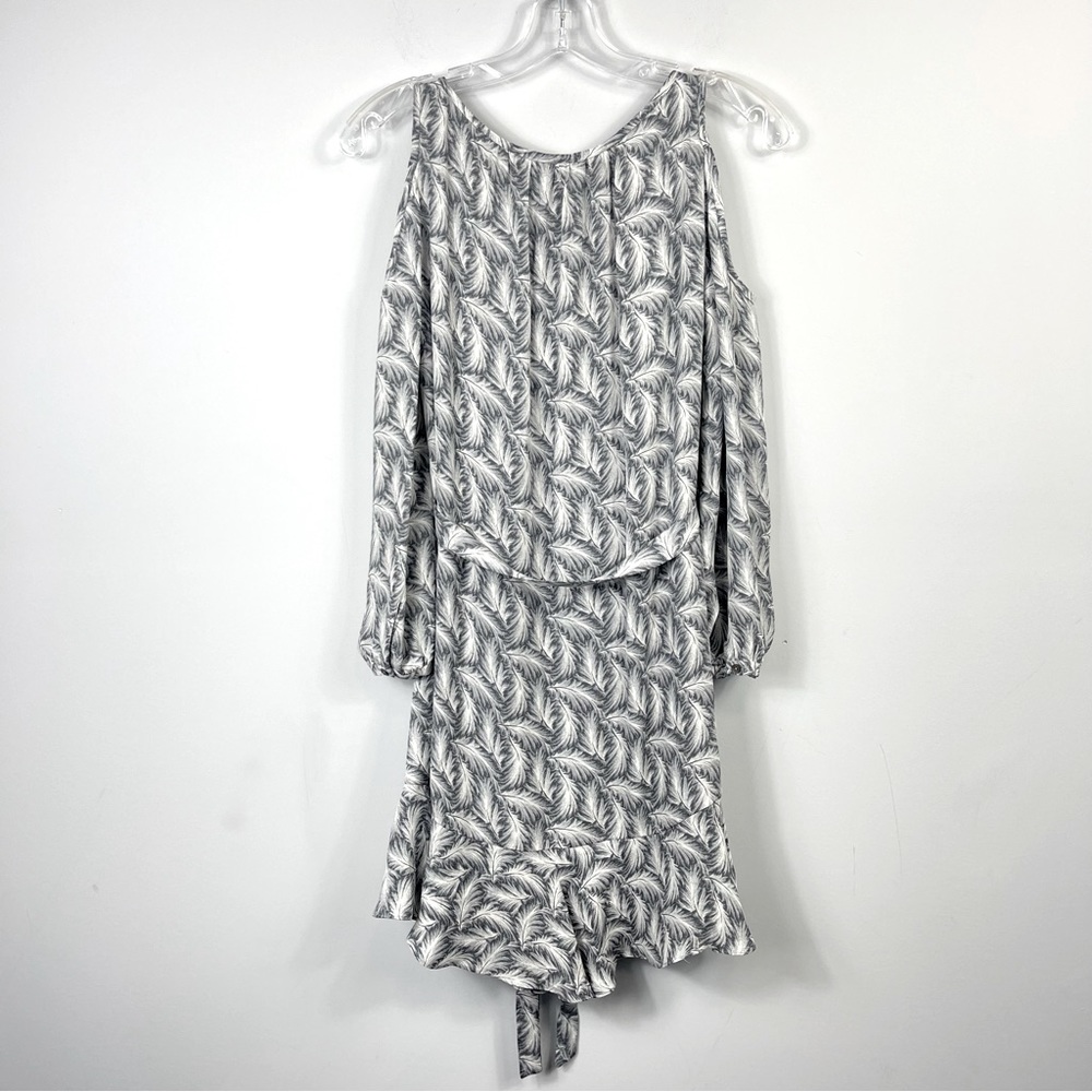 Joie Isaline Feather Cold Shoulder Mini Dress Gray White Print Silk Tie Belt XXS - Picture 7 of 16